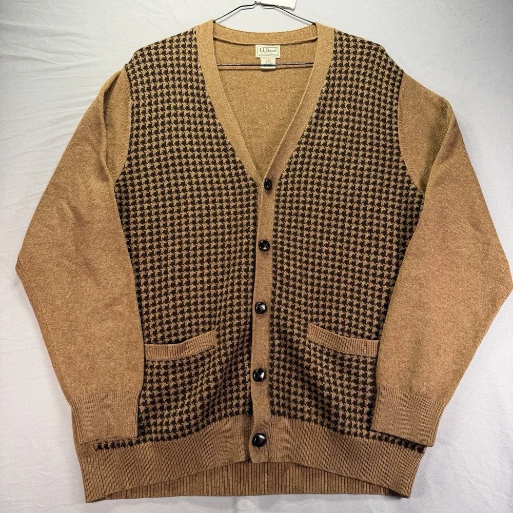 LL Bean Cardigan Sweater Mens Large Brown Houndstooth Lambswool Grandpa Preppy